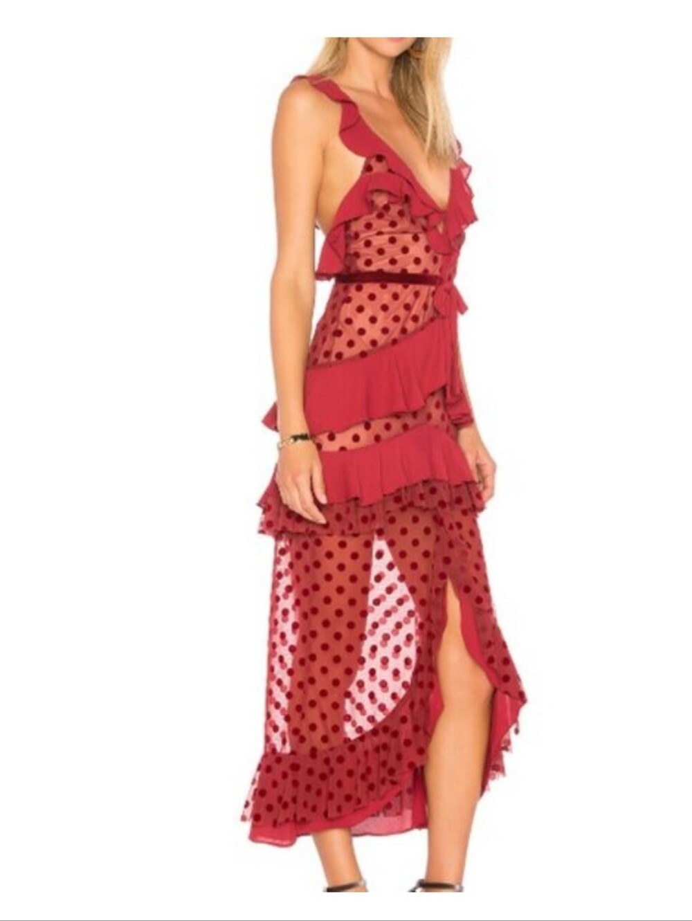 For Love & Lemons Dotty Polka Dot Sheer Ruffle Cabernet Midi Dress S